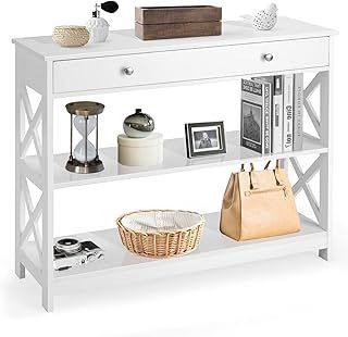 COSTWAY Console Table, X-Shaped Sofa Side End Table with Drawer and 2 Storage Shelves, Wooden Narrow Hall Desk Display Accent Table for Living Room Bedroom Entryway Hallway (White)
