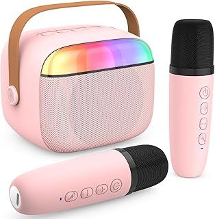 Kids Karaoke Machine,Portable Bluetooth Speaker with 2 Wireless Microphones/LED Light/Voice Changing Effects,Gifts for Age 3-18 Kids Boys Girls Families Birthday Party,Pink