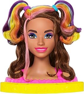 Barbie Doll Deluxe Styling Head with Color Reveal Accessories and Wavy Brown Neon Rainbow Hair, Doll Head for Hair Styling, HMD80