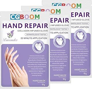 3 Pairs Hands Moisturizing Gloves, Hand Skin Repair Renew Mask w/Infused Collagen, Moisture Enhancing Gloves for Dry, Aging, Cracked Hands (Lavender)