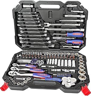 WORKPRO 123-Piece Drive Socket Set 1/2" 1/4" 3/8", CR-V Mechanic Tool Set with Quick-Release Ratchet Wrench, Spanners, Bits Set, Hex Key for Car Repair