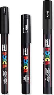 Posca - Ultra Fine to Fine Paint Marker Pens Set - PC-1MR, PC-1M, PC-3M - Black Ink - Pack of 3