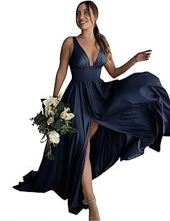 Fatapaese Women's Elegant Bridesmaid Dresses A Line V Neck Sleeveless Floor Length Split Evening Dresses 3007