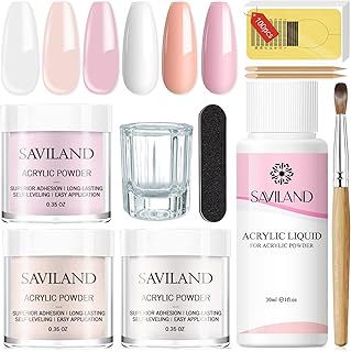 Saviland Acrylic Nail Kit - Acrylic Powder & Liquid Set With Brush, Forms, Files & Dappen Dish - Beginner Nail Extension Kit