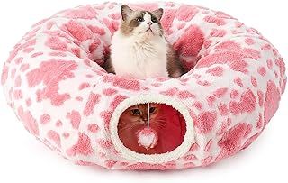 Cat Tunnel Bed for Indoor Cats, 33.5"D Large Cat Donut Tunnel with Washable Circle Cushion, Round Pet Play Tunnel Tube Toy for Kitten/Puppy/Rabbits (Pink & White)