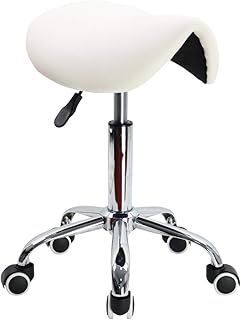 Rolling Saddle Stool PU Leather Swivel Adjustable Rolling Stool with Wheels Salon Chair (White)