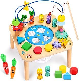 oathx 6 in 1 Baby Activity Table Wooden Montessori Toys for 1+ Year Old, 1st Birthday Gifts for Boys Girls Play Sensory Table Shape Sorter, Sorting Toys Kids Early Development for Toddler 12+ Months
