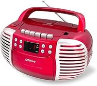 Groov-e Retro Boombox - Portable Cassette Tape & CD Player with Radio, 3.5mm Aux Port, & Headphone Socket - LED Display, 2 x 1.2W Speakers - Battery or Mains Powered - Red