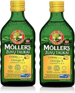 Moller's Fish Cod Liver Oil with Omega 3, Lemon Flavour 250 Ml Liquid Supplement Made in Norway 2 Bottles