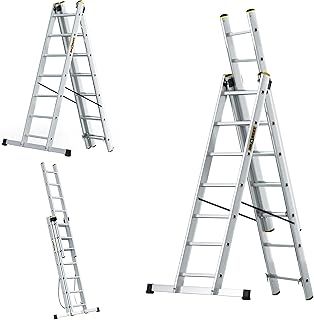 PRO SERIES LADDERS 3 x 7 Aluminum Foldable Ladder, Press-Formed Multi-Purpose Three-Section - Load Capacity 150 KG - Aluminum Step Ladder - Folding Step - 45 x 409 x 15 cm