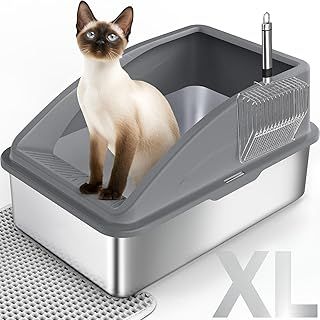 FURTIME XL Cat Litter Box Stainless Steel, Large Cat Litter Tray Stainless Steel, 20L Litter Box Tray with Litter Scoop & Mat, Good for Large Medium Cats, 60x40x31cm
