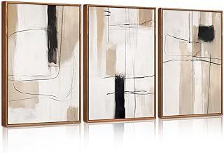 CHDITB Wooden Framed Abstract Yellow Gray Canvas Wall Art,Set of 3 Modern Abstract Canvas Wall Poster,Black and White Wall Prints,30x40cm Neutral Minimalist Wall Decor for Living Room,Bedroom,Office