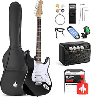 Donner 39 Inch Electric Guitar Beginner Kit Black Full-Size Starter Package HSS Pick Up with All Accessories Amp Online Lesson Bag Tuner Capo Strap String Amp Cable Picks DST-100B