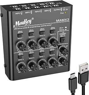 Moukey Ultra Low-Noise 8-Channel Line Mixer for Sub-Mixing, DC 5V 8-Stereo Mini Audio Mixer, Ideal for Small Clubs or Bars, Guitars, Bass, Keyboards or Stage Mixer-MAMX3