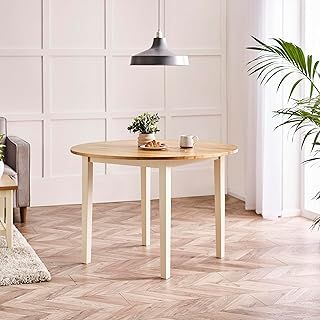 4 Seat Small Round Wood Table - Salcombe Solid Wooden Dining Table - Pale Oak Stain Top Cream Legs - Bright Modern Classic Traditional Farmhouse Dining Furniture - Solid Rubberwood