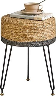 YMYNY Footstool Natural Seagrass Hand Weave, Vanity Makeup Stool, Pastoral Style Footrest, Padded Foot Rest with Metal Legs, Foot Rest Sofa Dressing Stool, for Living Room, 32×32×45CM Beige HBD029M