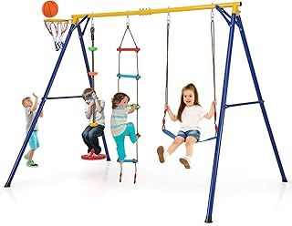 GYMAX 4 in 1 Kids Swing Set, Metal A-Frame with Belt Swing, Climbing Ladder, Disc with Rope, Basketball Hoop & Ground Stakes, Outdoor Children Playground Set for 3-9 Years Old, Max Weight 300kg