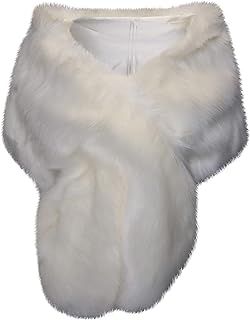Ro Rox Clara Glamorous Faux Fur Shawl - 1920s & 1950s Vintage Scarf - Women’s Wedding Shawl and Wrap - Bridal Stole - Neck Warmer with Slit - Ideal for Weddings & Parties, White, S/M