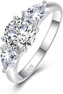 Bonlavie Silver Ring for Women, 925 Sterling Silver Pear and Round Cut White Cubic Zirconia Engagement Ring for Her Size K 1/2-T 1/2