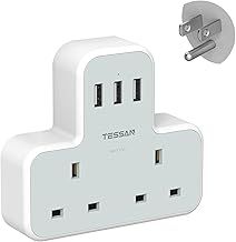 UK to US Plug Adapter with 3 USB Ports, TESSAN 2 Way Grounded USA Travel Adapter, Double Plug Adaptor from UK to America, Canada, Thailand, Mexico, Canada, Thailand, Cuba(Type B), 3 Pack