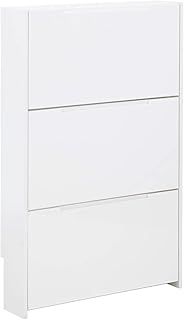 GFW Narrow High Gloss 3 Tier Shoe Cabinet Stores Up To 9 Shoes, Wooden Slim Shoe Organiser Cabinets for Home Entryway, Hall & Bedroom, White, H-112cm x W-72cm x D-17cm