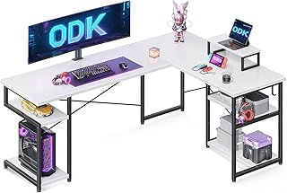 ODK Corner Desk with Storage, L Shaped Desk with Hook, Computer Gaming Table with Monitor Stand, White 168×120 cm