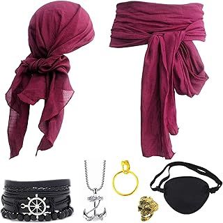 Ginkago 7 Pieces Medieval Pirate Costume Accessory Set Women Men Pirate Fancy Dress Accessories Headscarf Eye Patch Earrings Necklace Bracelet Hip Scarf for Halloween Cosplay Party