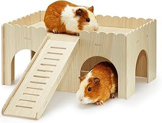 JWShang Large Wooden Guinea Pig House, Hideout Hut with Cave Stairs, Detachable Castle with Ramp, Small Animal House Habitat with 4 Entrances for Rat, Hamster, Hedgehog Hiding and Playing