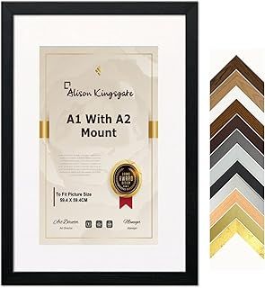Alison Kingsgate Black A1 Frame With A2 Mount - Modern Photo Frame With White Mount - Along Clear Perspex Safety Glass - Poster Frame / A1 Frame With Mount (A1 Frame With A2 Mount, Black)