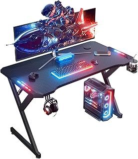 Gaming Desk with LED Lights, Whole Board RGB Gaming Table, Small Gamer Desk with Cup Holder and Headphone Hook, Computer Desk 100 x 55 cm, Black