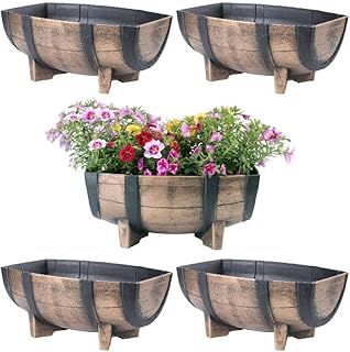 Pack of 2 x Garden Half Barrel Flower Planter Pot Wooden Oak Effect Outdoor Decoration Home Farmhouse Decor, Rustic Lightweight Flower Planter for Garden, Home, Cafes, Balcony, Dining Room
