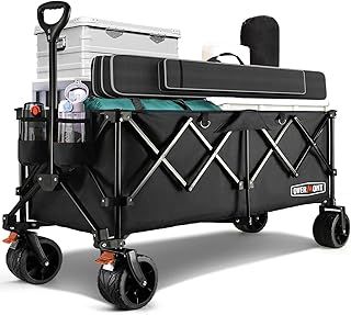Overmont 300L Extra Large Folding Festival Trolley Cart - All-terrain Wide Wheels and Brake - Heavy Duty Cart Load up 200KG - with Adjustable Handle & Cover Bag - Wagon for Beach Camping Garden