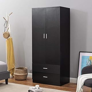 2 Doors 2 Drawers Tall Wardrobe with Hanging Rail & Shelf Modern Wooden Clothes Storage Cupboards for Bedroom (Black)