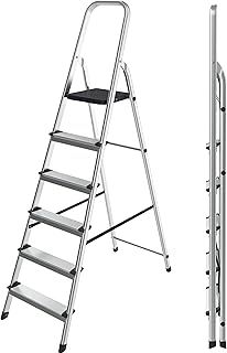 Lightweight Step Ladders 6 Step 73.6'' (187cm) 330.6lbs (150 kg) Max Load - Compact Aluminium Stepladder with Non-Slip Wide Step, Portable Silver Color - Tall Folding Ladder with Platform