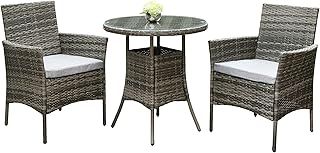 RayGar 3pcs Rattan Garden Furniture Bistro Set Chair Coffee Table Patio Outdoor 2 Seater - Grey