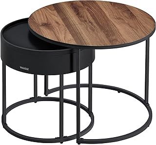 VASAGLE Coffee Tables, Set of 2 Round Side Tables, Nesting Tables, Modern Style, Hidden Storage and Top Tray, for Living Room, Bedroom, Balcony, Natural Beige and Ink Black LCT044K67