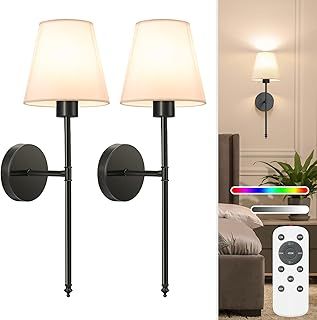 NIORSUN 19.9 inch Battery Operated Wall Lights, Black Rechargeable Wall Lights Indoor with 5200mAh Dimmable Detachable Bulbs and Remote, 9 Colours Wireless Sconces for Bedroom Living Room Hallway