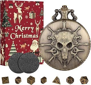 Mini DND Dice Set with Bronze Steampunk Warlock Pocket Watch Shell Case Box, 7pcs Polyhedral Metal D&D Dice Set, DND Starter Set, Role Playing Board Games Accessories