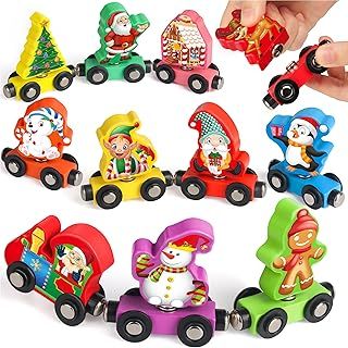 Vanmor Wooden Train Magnetic Set 11PCS, Christmas Themed Train Toys, Toddler Toys for 3+ Year Olds Boys Gifts, Compatible With All Major Brands