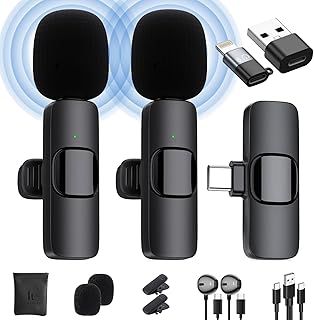 IUMAKEVP Wireless Lavalier Microphone for iPhone/Android Phone/Laptop, Plug-Play Clip on Lapel Mic with Auto Noise Reduction for Video Recording, Live Broadcast, Interview, TikTok, YouTube (2 Mics)