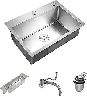 Inset/Undermount Stainless Steel Kitchen Sink Deep Square Single Bowl with Strainer Drain, Silver (55x45cm)