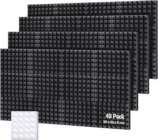 Ohuhu Acoustic Foam Panels 48 Pack with Double Sided Tape, 2"x12"x12" Sound Proofing Panels Sound Absorption Pyramid Studio Treatment Wall Panels, Acoustic Wall Panels for Studio Office Home