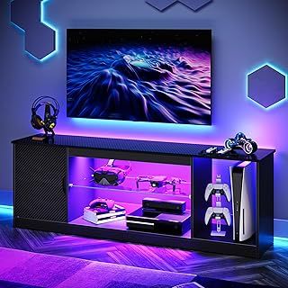 Bestier 148 CM LED TV Stand for 55/60 / 65 Inch TVs Gaming Entertainment Center with Cabinet for PS5 Modern TV Cabinet with Adjustable Glass Shelves for Living Room Bedroom