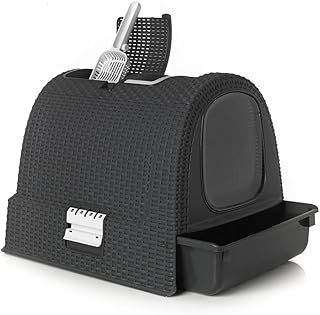 Curver 2068961 petlife cat litter box with lid, litter box with scoop, modern rattan weave look, anthracite, 50 x 38.5 x 40 cm