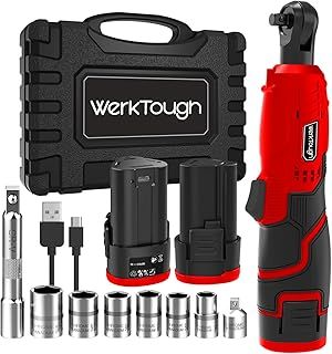 Power Cordless Ratchet Wrench 3/8" Tool Kit with 2 Pack Li-ion Batteries with 6 Sockets, Extension Bar and 1 Type C USB Cable Red