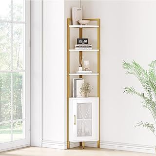 HOCSOK 6 Tier Corner Shelf, 181cm Tall Book Shelf, Corner Unit with Metal Frame, Bookcase with Adjustable Shelves and Door, Storage Shelf Unit for Living Room, Bedroom, Office, Bathroom