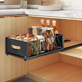 SAYZH Pull Out Cabinet Organiser, Heavy Duty Slide Out Drawers with Adhesive Nano Film, No Drill Pull Out Shelf Storage with Handle for Kitchen Cupboard, 40Depth x 25Width x 15.5Height CM, Black
