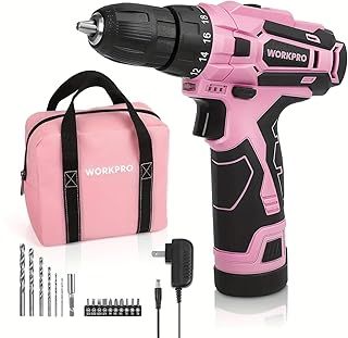 WORKPRO Pink Cordless Drill Driver Set, 12V Electric Screwdriver Driver Tool Kit for Women, 3/8" Keyless Chuck, Charger and Storage Bag Included - Pink Ribbon