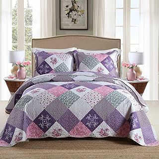 Quilted Bedspreads King Size Soft Pylo-Cotton Beautiful Chic Purple Bedspread With Floral Patchwork Pattern Quilted Throw King Size 230x250 cm and Pillowcases