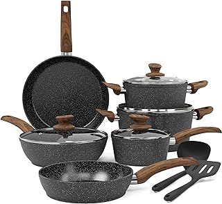 Kitchen Academy Induction Hob Pots and Pans Set - 12 Piece Cooking Pans Set, Black Granite Kitchen Cookware Set,Nonstick Saucepan Set PFOS & PFOA Free